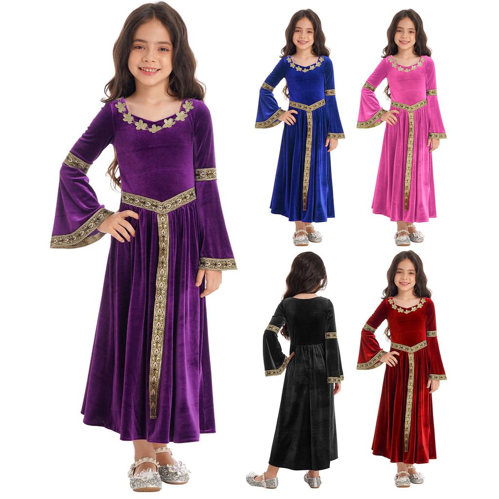 Kids Girls Stylish Medieval Princess Long Flare Sleeve Vintage Pattern Dress