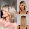 Medium Length Layered Hair Wigs Blonde Golden Ombre Synthetic Wig with Fringe for Women Cosplay Color Wigs Heat Resistant Hair