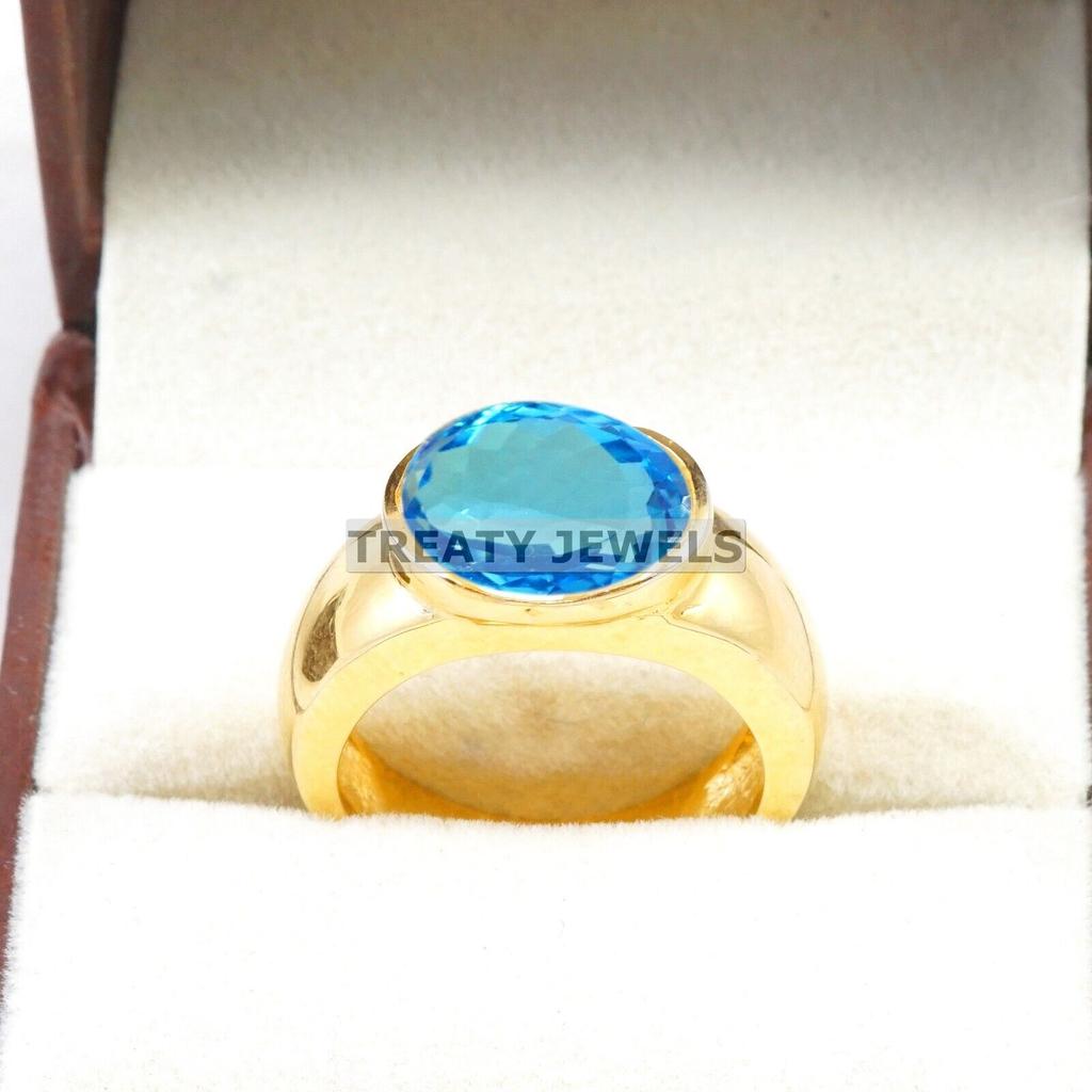 Blue Topaz Oval Cut With 925 Sterling Silver Gold Plated Ring For Men's #A889 JL375669043831