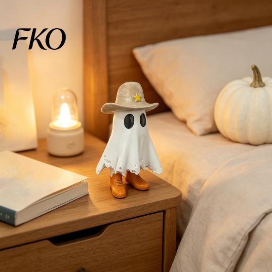 White Ghost Decoration Halloween Cowboy Statue, Spooky Resin Figurine, Western Tabletop Decor Sculpture with Boot And Hat for Mantel, Tiered