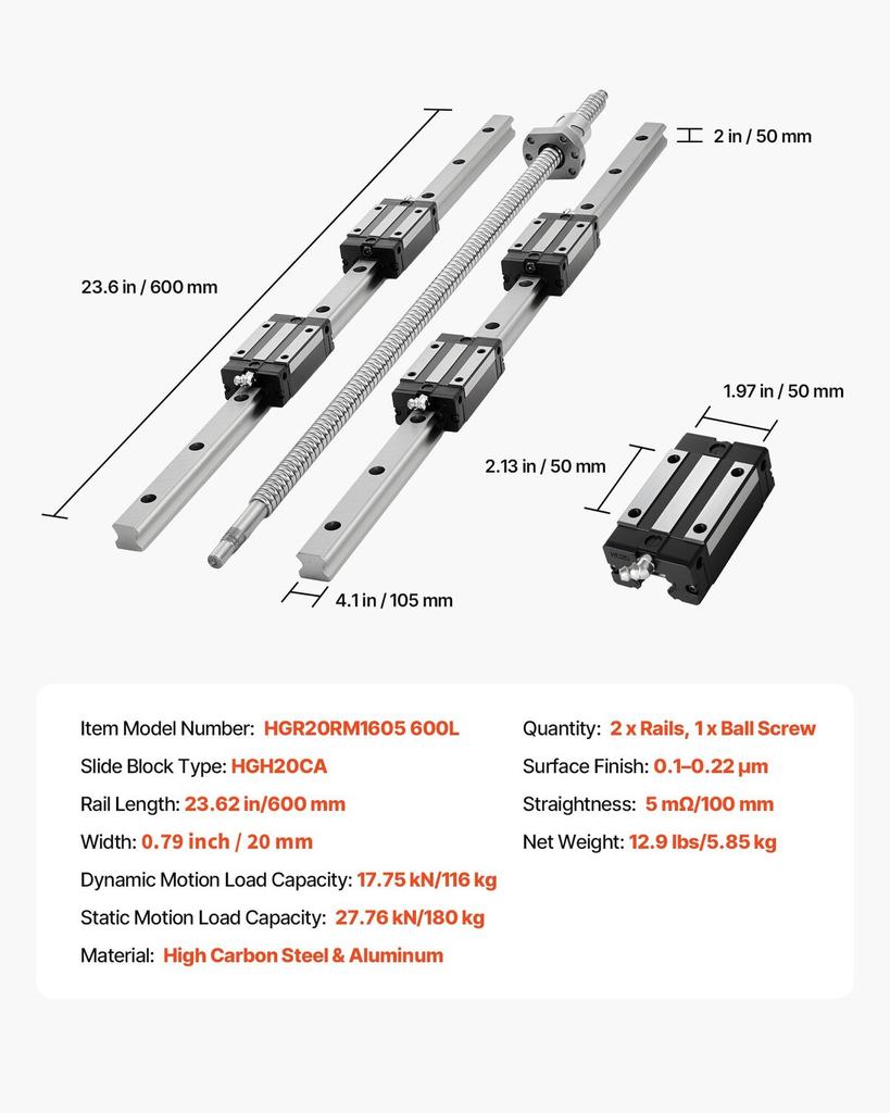 Linear Rail Guide Kit, HGR20, 2PCS 600 mm (23.62 inch) Linear Rails and 1PCS Ball Screw, 4PCS Slide Blocks, with BF12/BK12 End Support, Coupling, and