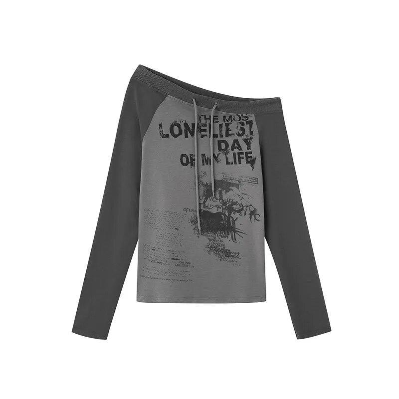 2KWEIRD Japanese Y2k Off Shoulder T-shirt Grunge Aesthetics Graffiti Print Long Sleeve Tee Shirt Vintage Harajuku Streetwear 90s