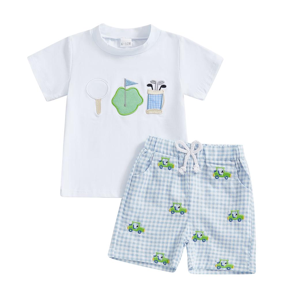 Baby Toddler Boy Golf Outfit Golf Cart Short Sleeve T-shirt Plaid Elastic Waist Shorts 2 Pcs Set