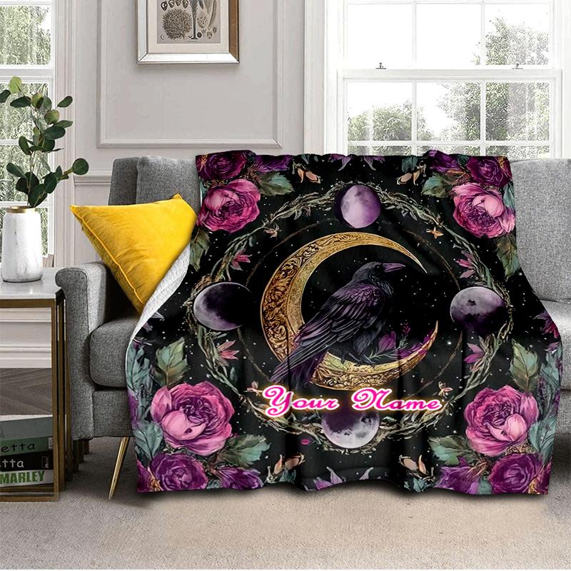 1PC Custom Name Ethereal Raven Moonlit Garden blanket versatile,all-season throw suitable for the living room,bedroom,camping,travel,and gift
