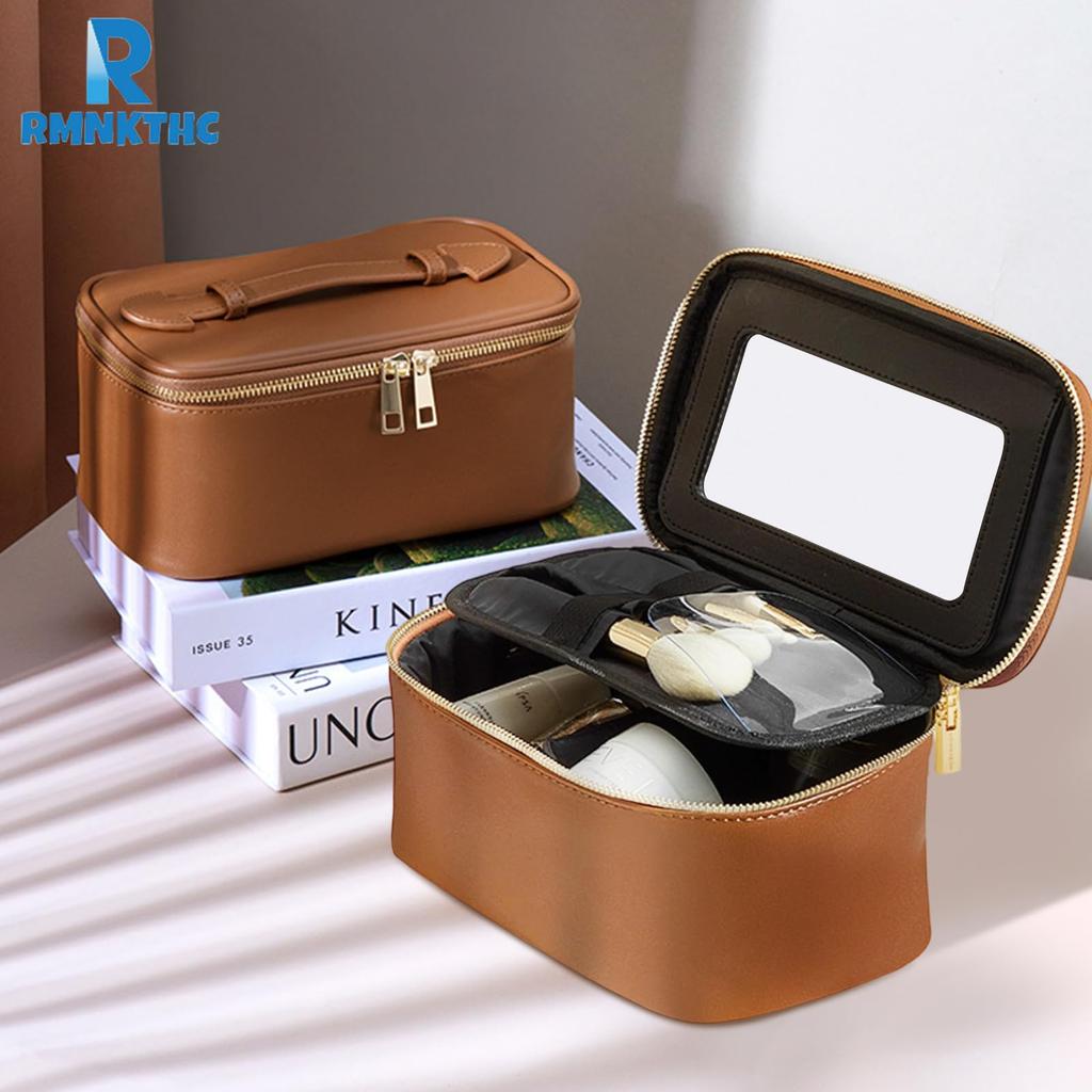 Large Capacity Makeup Pouch with Cosmetic Multifunctional Tote Storage Wide Mouth Makeup Box with Small Travel Vanity Brown Mirror, Bag, Bag, Bag,