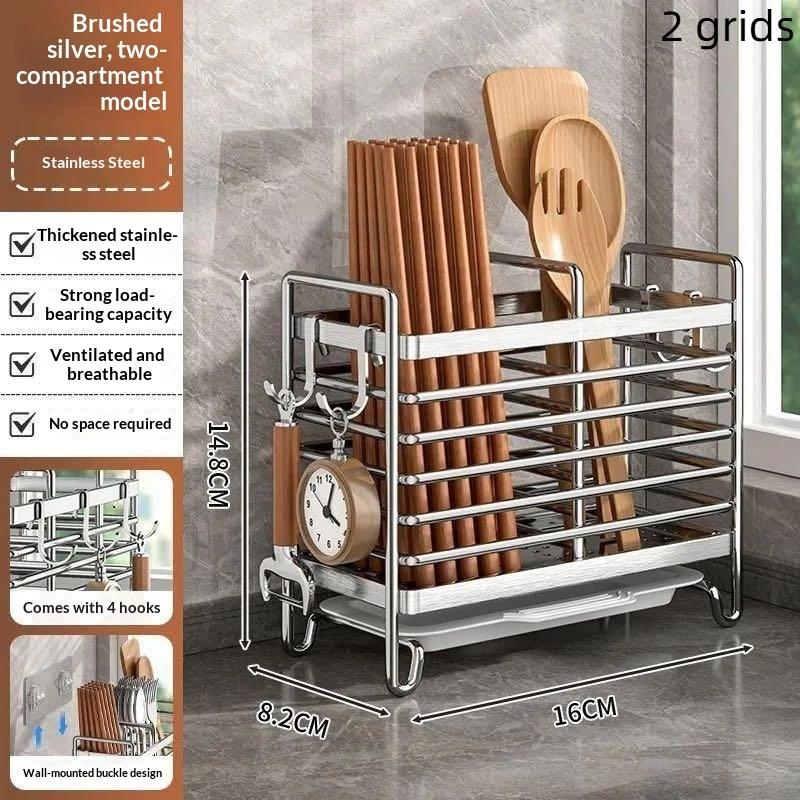 No-Drill Kitchen Cutlery Holder Wall Mounted Stainless Steel Space-Saving Sturdy Utensil Organizer for Apartment Rental