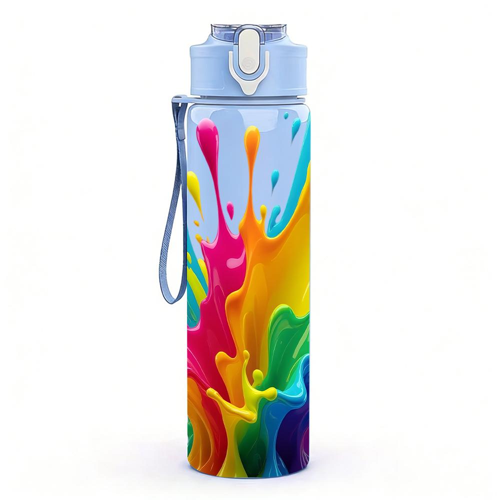 1PC Multicolor Rainbow Ink Splash 750ml Color Plastic Water Bottle Leakproof Flip Straw Lid For Sports Office Home Use