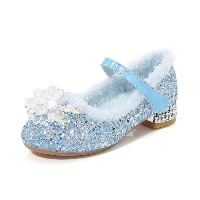 Girls' princess shoes, lined crystal shoes for baby girls, new winter style, blue Elsa shoes, fashionable children's high heels