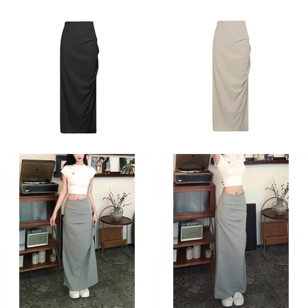 Cotton Blend Asymmetric Midi Skirt With Pleats For Elegant Ladies Spring Summer Wear