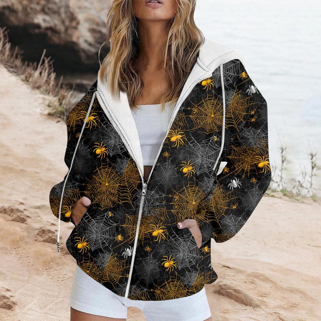 Женская модная повседневная толстовка с принтом на Хэллоуин, длинный рукав с карманом, кардиган, куртка, пальто с капюшоном на молнии