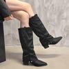Женские сапоги на высоком каблуке до колена, модные кожаные туфли с острым носком, брендовые зимние трендовые готические туфли «Челси» для мотоциклистов