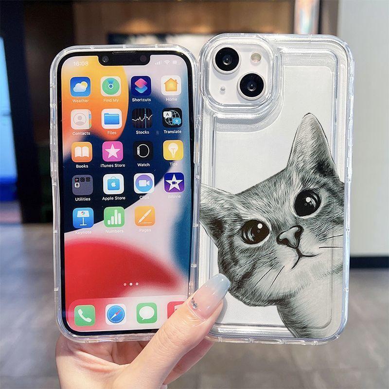Мультяшный чехол для iPhone 15/15 Pro/15 Pro Max, совместимый с кошками - Ударопрочный, Прозрачный, Защита с воздушной подушкой