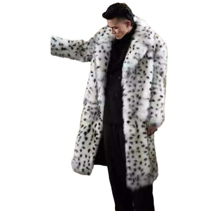 Mens White Leopard Print Faux Fur Long Coat Street Style Winter Outerwear