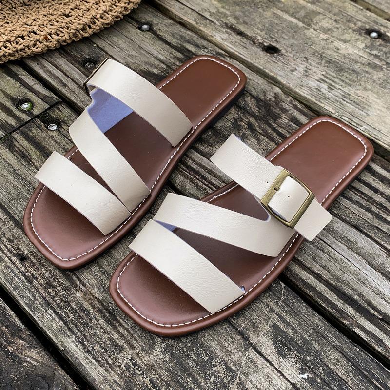 Large Size Buckle Flat Bottom One-word Shoes Women's Open-toed Retro Wind Beach Cool Slippers