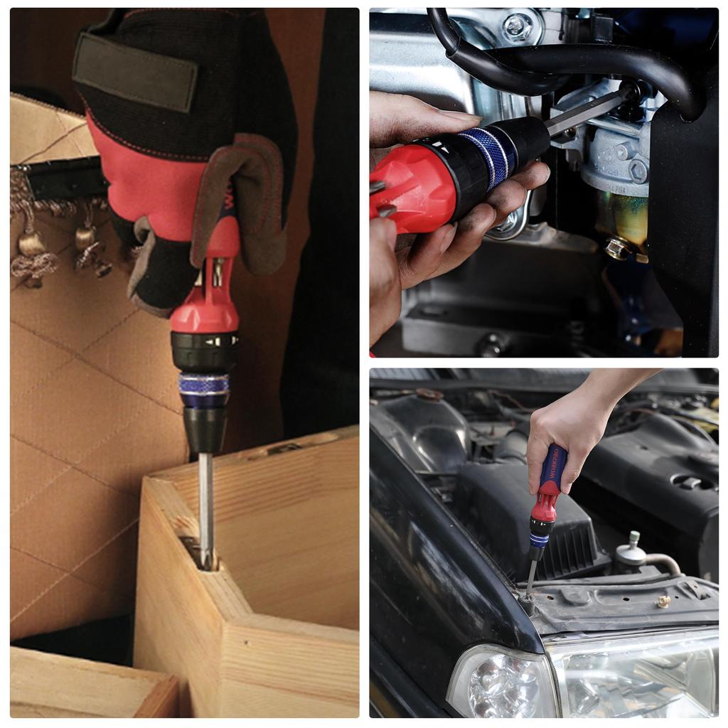 WORKPRO Replacement Screwdriver Set 12in1 with 6 Bits Ratchet Driver Repair Tool Drive Corner Quick Release Ratchet Handle Torx Plus Flathead Square