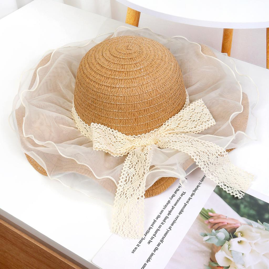 Women's Spring Beach Hat Lace Bowknot Wide Brim Sun Protection Hat Seaside Face Slimming Sunshade Hat