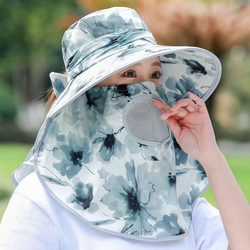 Pattern Flower Fan Women Breathable Sunshade Hat With Detachable Face Mask