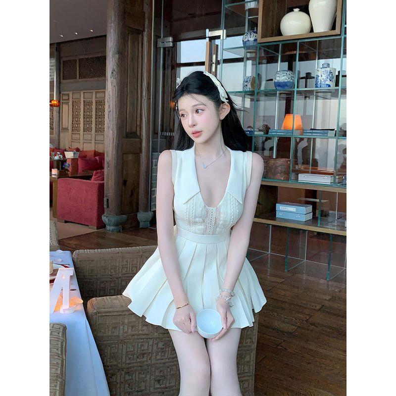 Syj/Shuyi Home Slightly Oversized Girls French Pure Desire Style Sexy V-neck Dress Female White Sweet Sexy Puff Short Skirt