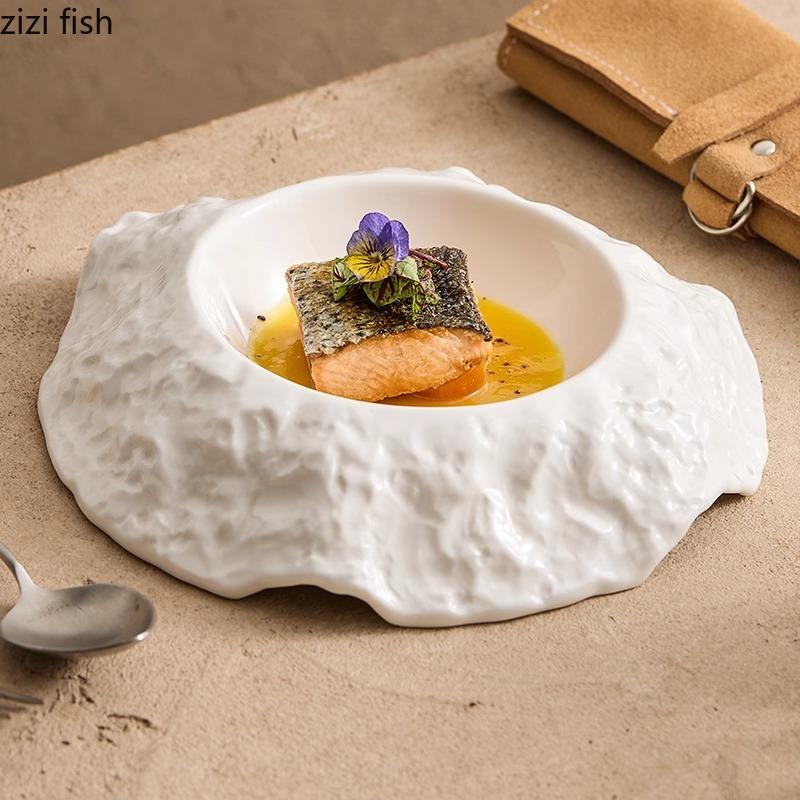 Однотонная нерегулярная керамическая глубокая тарелка с рисунком в виде камня, толстая суповая тарелка, десертная тарелка, специальная посуда для молекулярной кухни