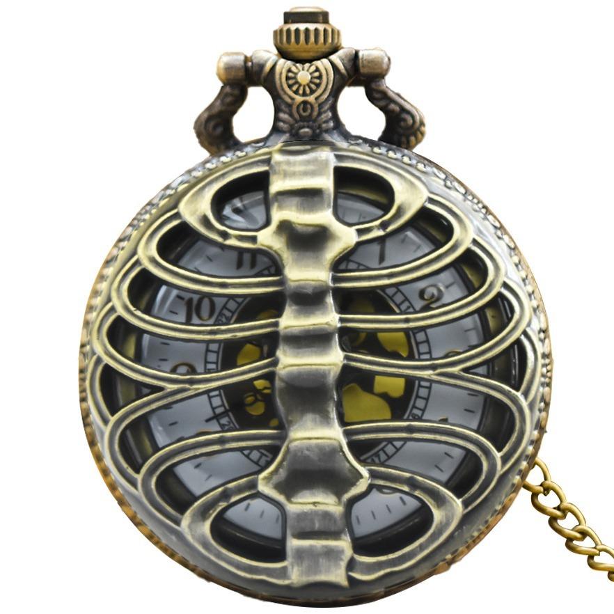 Hollow Fishbone Shaped Quartz Pocket Watch Vintage Necklace Chain Clock Gifts for Men Women