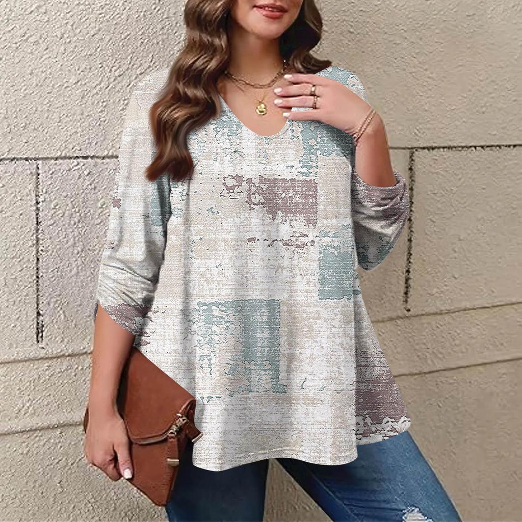 Women's Plus Size Fashion Printed Casual Pleated Round Neck Long Sleeve Top