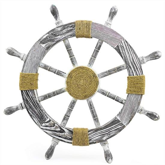 Nautical Decorative Premium Pine Wood Ship Wheel With Rope Center Motif Captain Maritime Beach Home Decor Gift 60.96 Cm