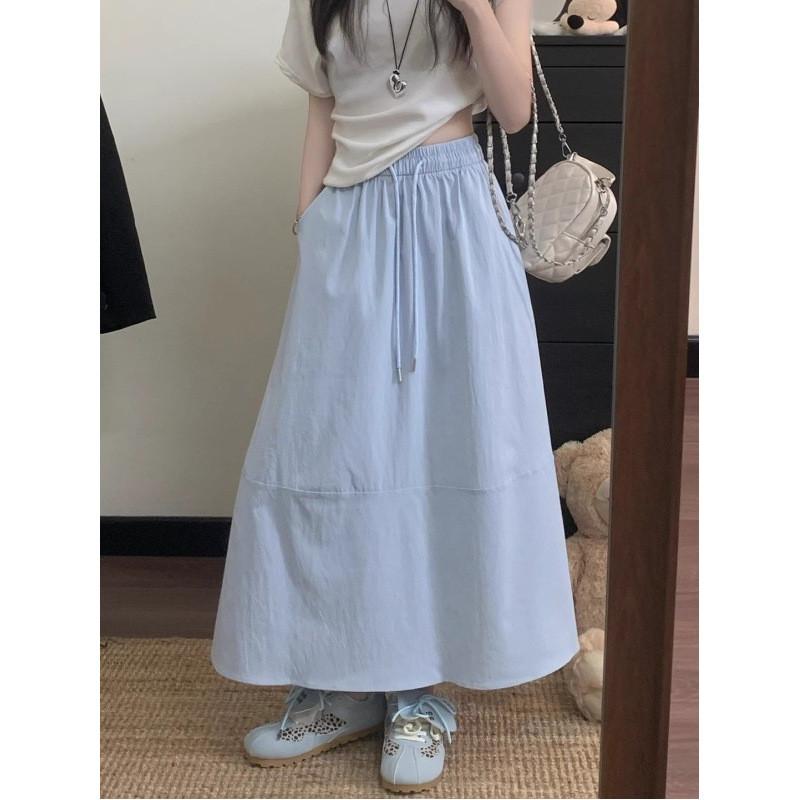 Hanbok Cotton Blend A Line Skirt With Elastic Waist For Casual Spring Wear
