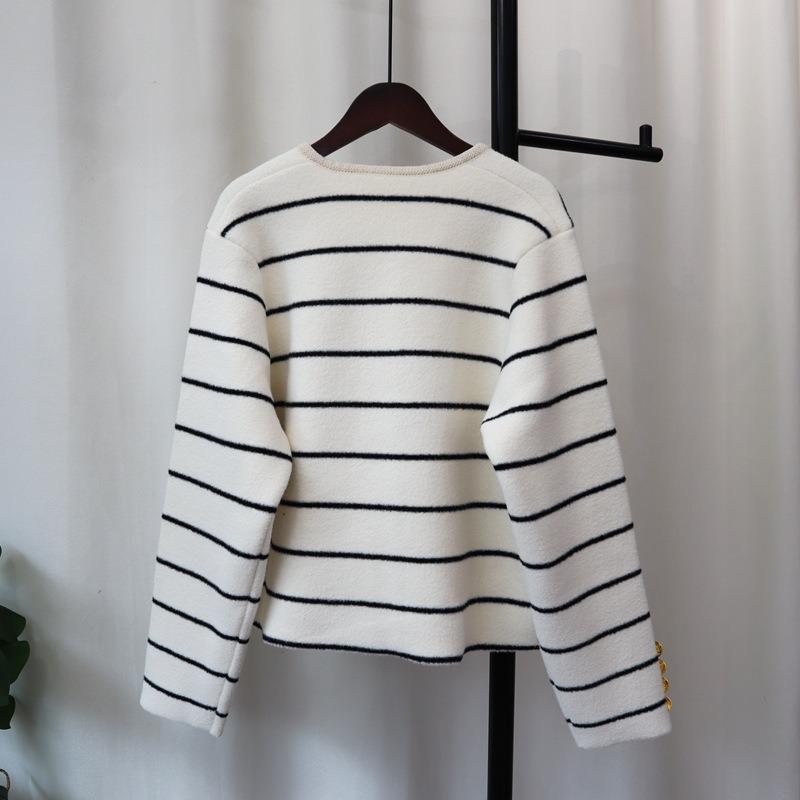 Новая осенне-зимняя полосатая вязаная двусторонняя твидовая куртка свободного кроя, контрастного цвета, кардиган для женщин.