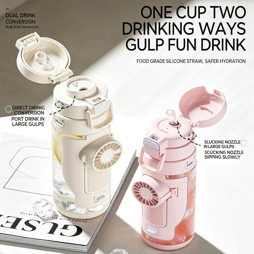 2026 New 2-in-1 Water Bottle, Built-in Fan, 690ML Dual Drinking Water Bottle with Fan, Mini Handheld Fan, Three Wind Speeds (Pink, 1 piece)