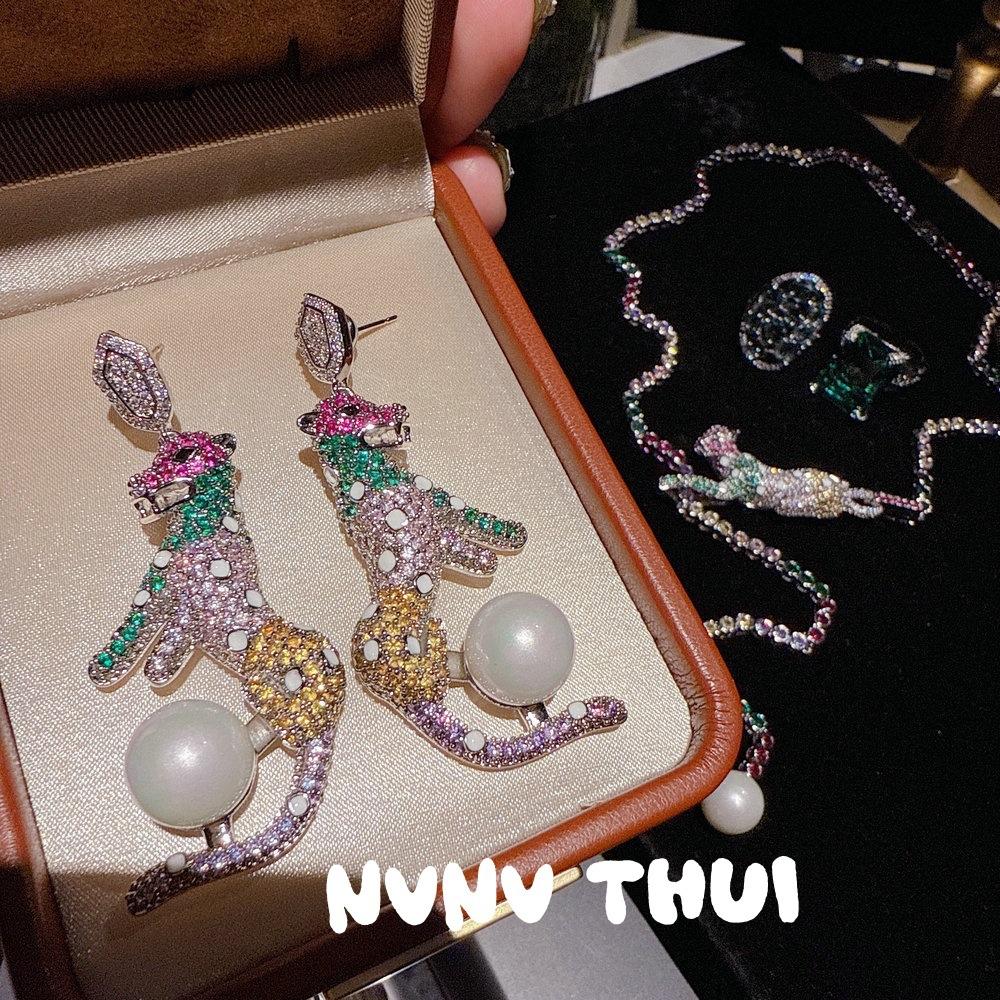 Jewelry, Dopamine Colorful Cheetah Gemstone Y-Shaped Necklace, Banquet Haute Couture Court Leopard Bead Earrings Set