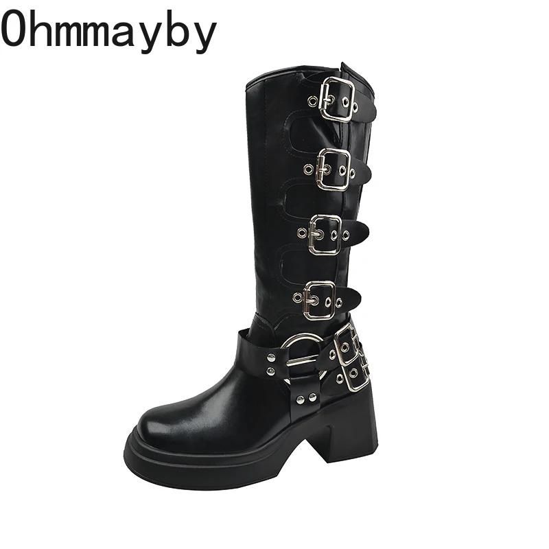 Мода Винтажные женские сапоги в стиле ковбойши Модные туфли с пряжкой на поясе Квадратный каблук Осень-зима Дамы Длинные сапоги в стиле рыцаря
