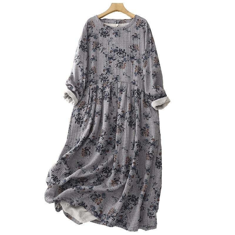 2025 весна и осень новое платье из хлопка и льна с принтом, женское свободное идиллическое платье с круглым вырезом и длинными рукавами, цветочная длинная юбка
