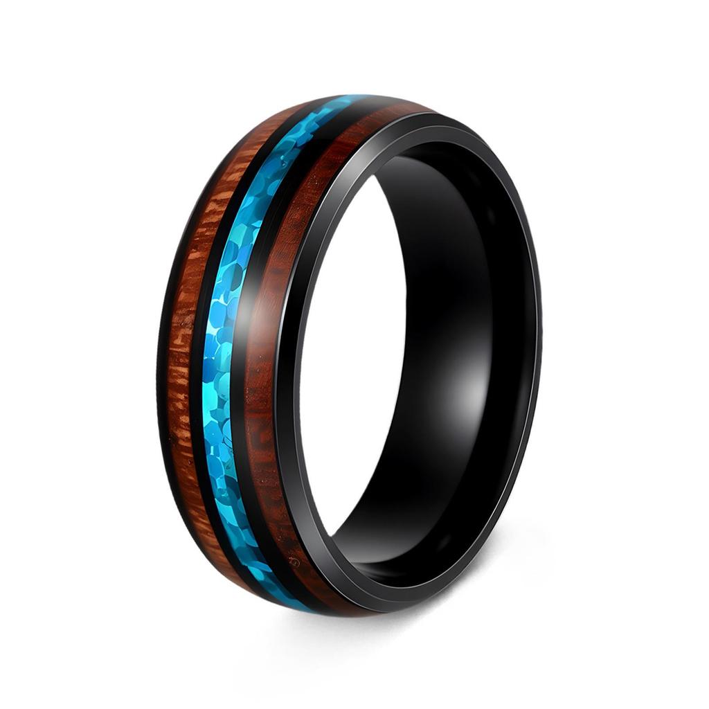 Мужское кольцо из титановой стали с инкрустацией из древесины акации и перламутра