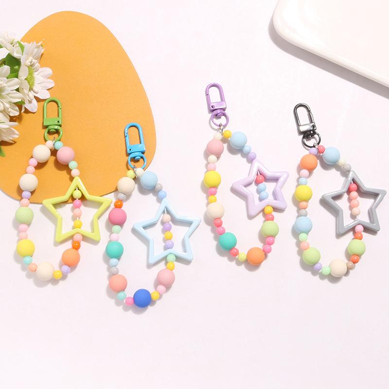Colored Hollow Out Five-Pointed Star Keychain Pendant Dopamine Colorful Style Beaded Chain Earphone Case Keychain Accessories