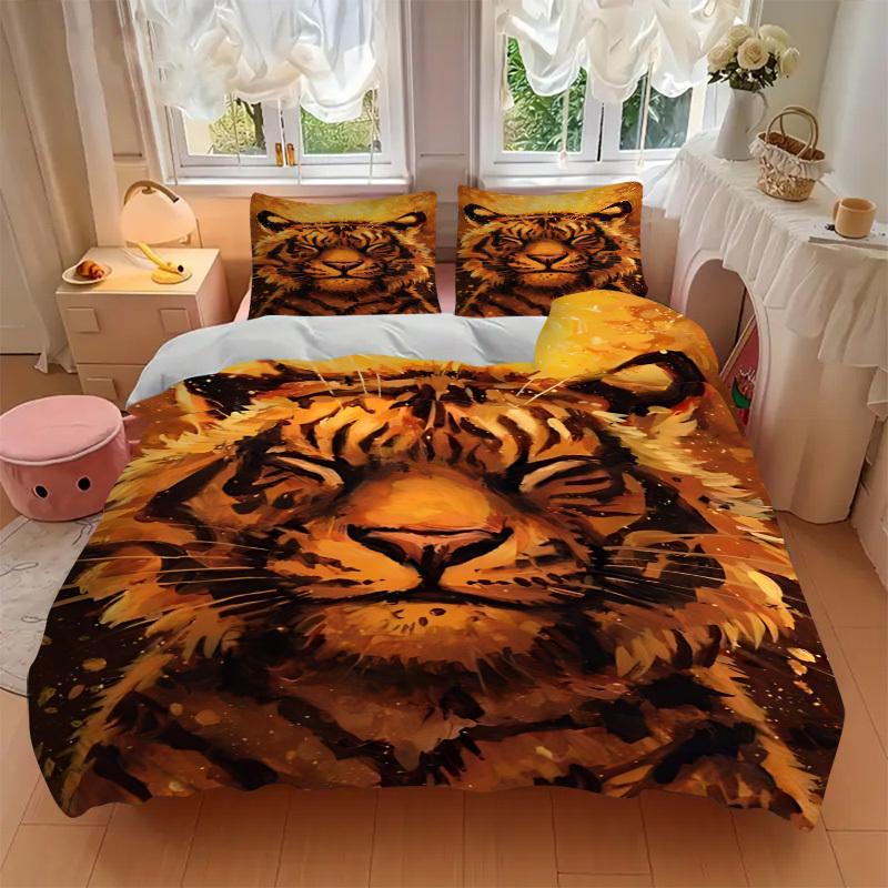 3pcs Tiger Face Duvet Cover Set, Cover For Bedroom Guest Room (1 Duvet Cover + 2 Pillowcase, Without Quilt), yy250922127