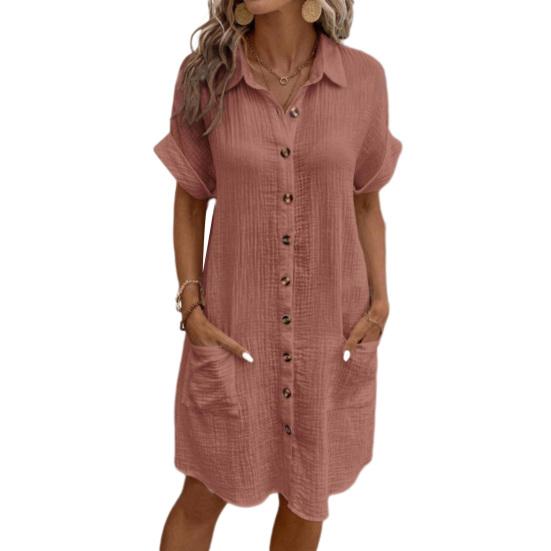 Летнее женское платье с отложным воротником, однобортное свободное однотонное кардиган с короткими рукавами и пуговицами по бокам, длиной до колена, повседневное женское платье-миди