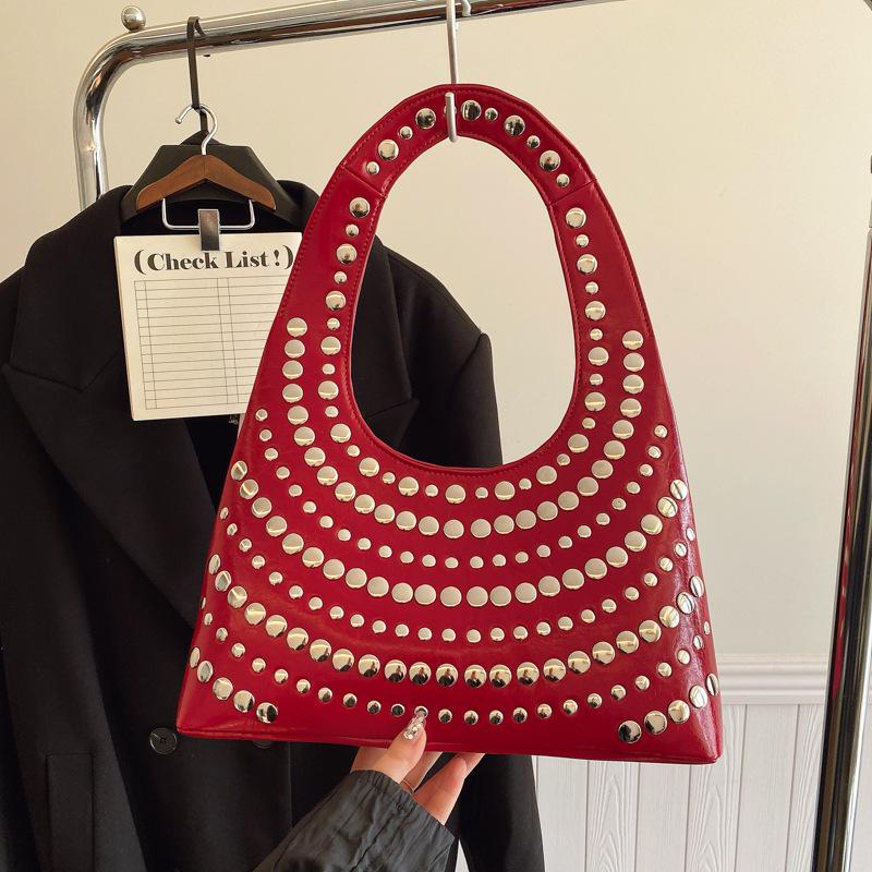 Bags Women's Bags European and American Punk Style Rivets Hand Carry Shoulder Bag 2025 New Large-capacity Women's Armpit Bag