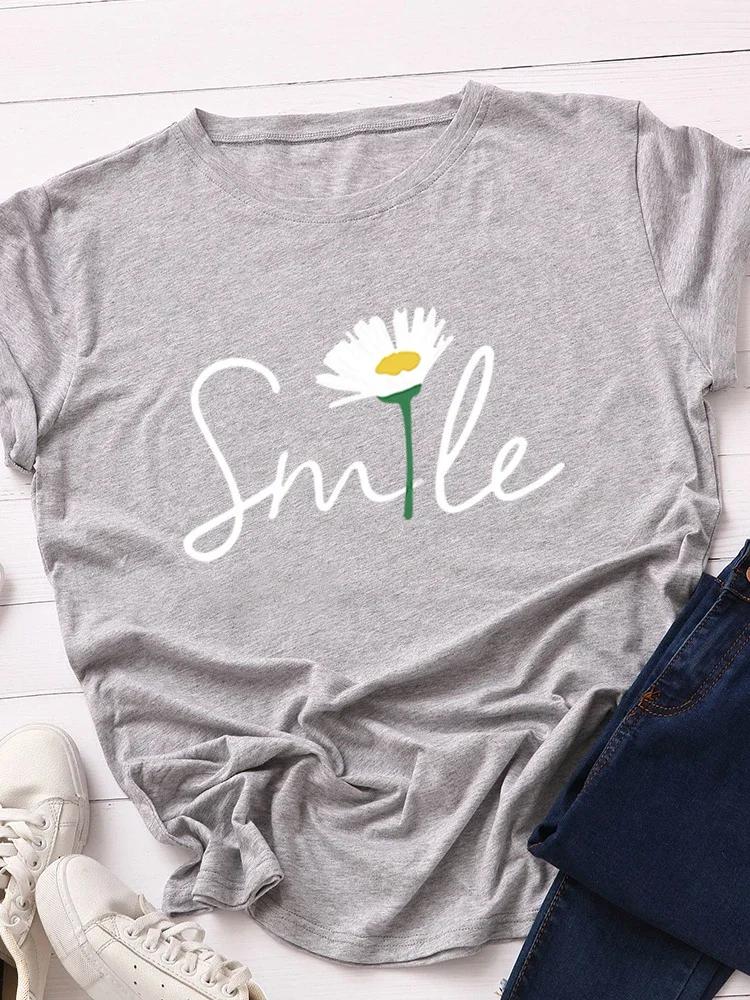 Полевые цветы Улыбка Принт Письма Женская Футболка Короткий Рукав Круглый Вырез Свободная Женская Футболка Женская Футболка Топы Camisetas Mujer