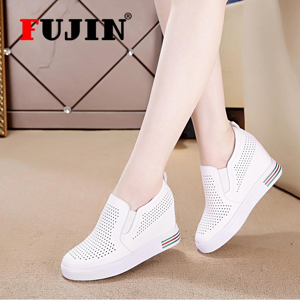 Fujin Genuine Leather White Comfy Height Wedges Shoes Woman Fashion Platform Sneakers Women Casual High Heels Footwear Women Spring Autumn