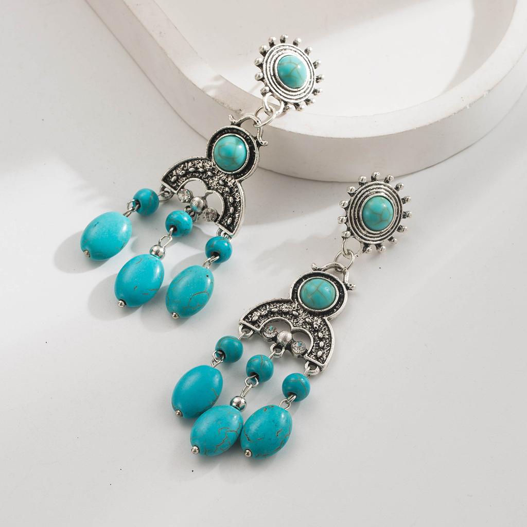 Бирюзовые длинные серьги в богемном этническом стиле, серьги-пусеты, винтажные серьги с кисточками, инкрустированные жемчугом, для женщин