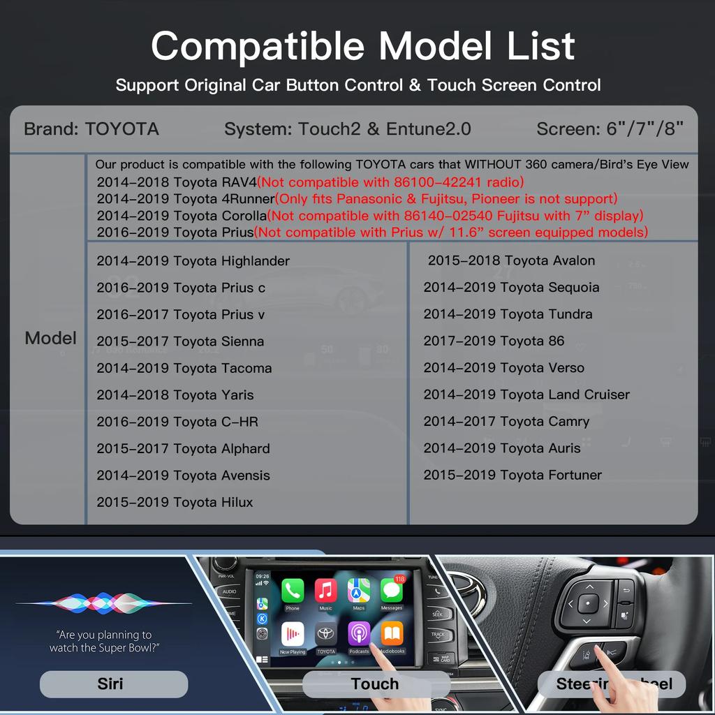 Беспроводной CarPlay для TOYOTA 2014-2019 HIGHLANDER 4Runner Tundra RAV4 Tacoma Land Curiser Prado Auris Avalon Android Auto Decoder