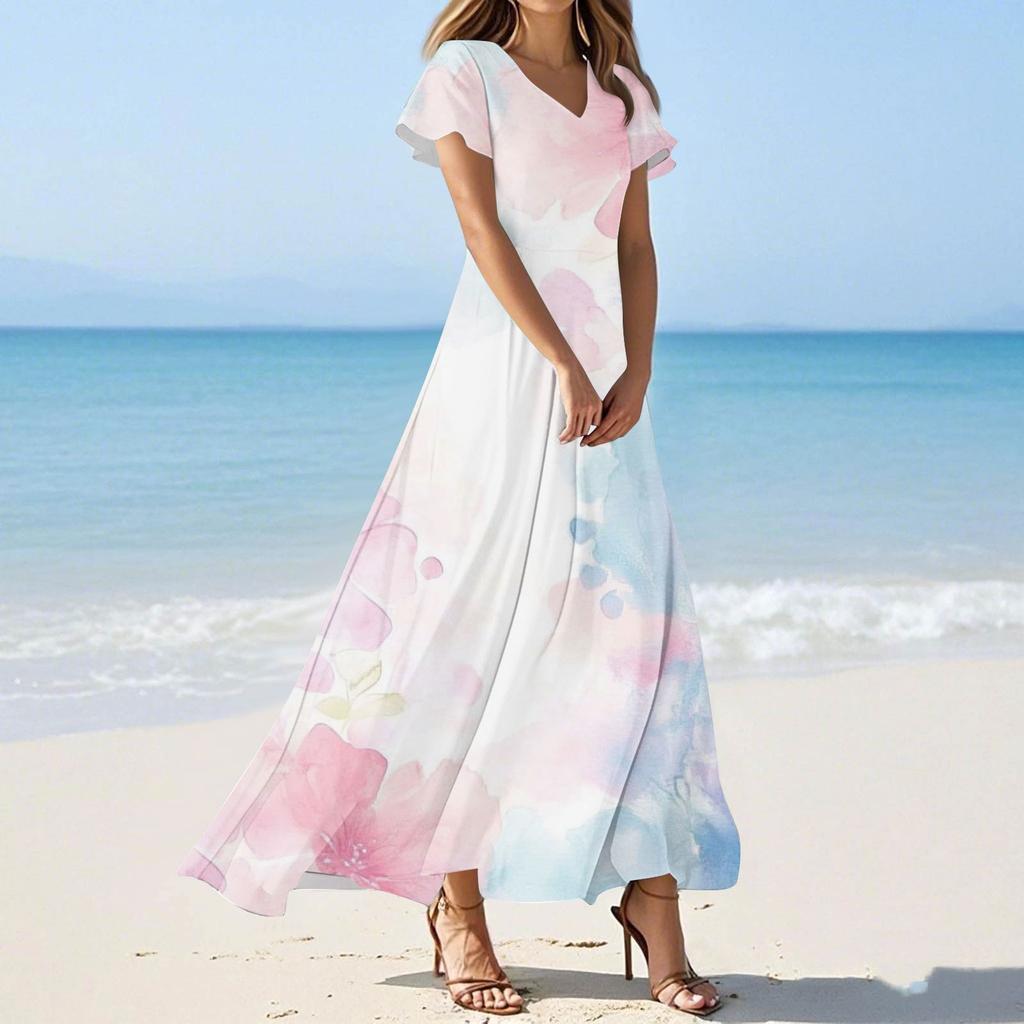 Женское летнее повседневное модное платье с цветочным принтом и V-образным вырезом с коротким рукавом