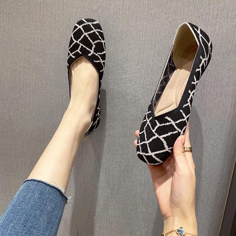 Square Head Single Shoes Women'S Shallow Mouth Flat Bottom European And American Style Shoes Knitted Shoes Soft Sole Knitted Shoes Women