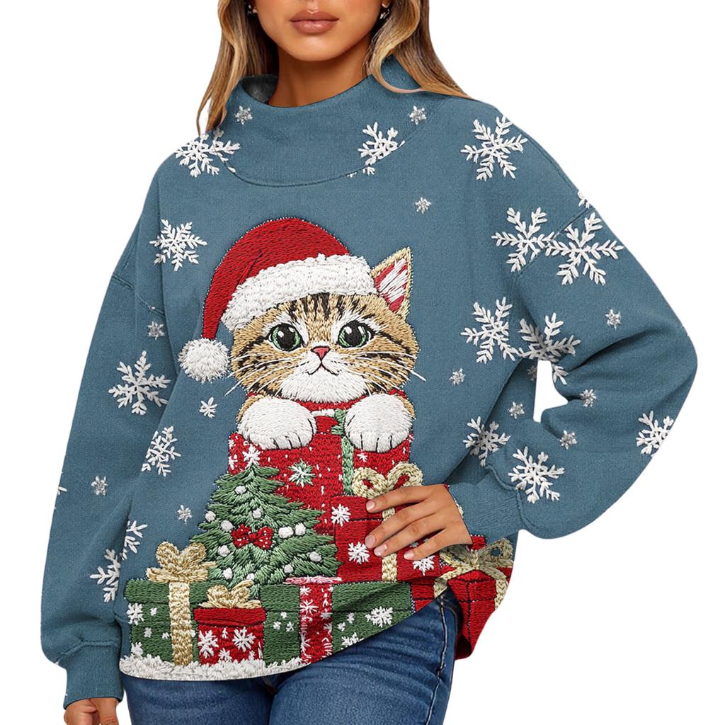 Ladies' Fashionable Christmas Printed Long Sleeved High Neck Sweatshirt Top