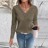 Women's Casual V-Neck Hollow Solid Color Long Sleeve Top