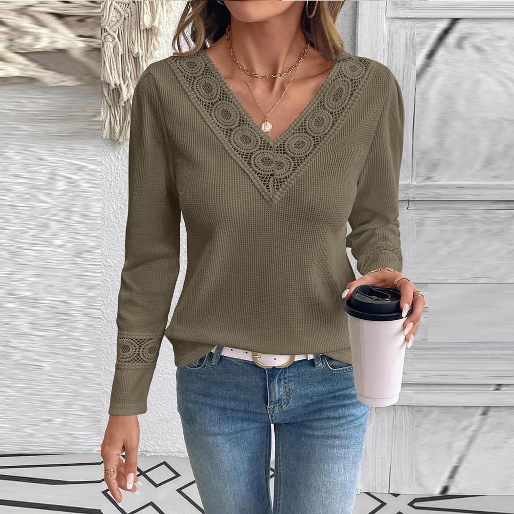Women's Casual V-Neck Hollow Solid Color Long Sleeve Top