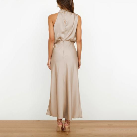 Облегающее женское платье с воротником-стойкой и лямкой на шее без рукавов, гладкое атласное вечернее платье миди со свободным подолом