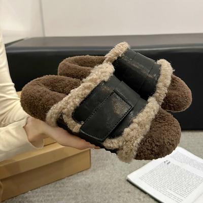 Версия из коровьей кожи! Шерстяная обувь, нишевый дизайн, толстая подошва из овечьей шерсти, вельветовые шлепанцы на одно слово, женские осенне-зимние