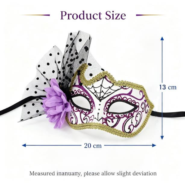 Mexican Day of the Dead Flower Ghost Mask for Cosplay Carnival Party, Colorful, Day of the Dead Polka Dot Mesh with Small Purple Horns, 1 Piece
