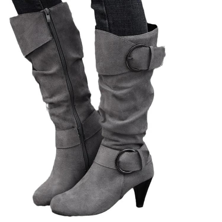 Knee-high Zipper Women's Modern Boots Women's Shoes High Quality New Pointed Toe Solid English Style Fashion Casual Plus Size 43